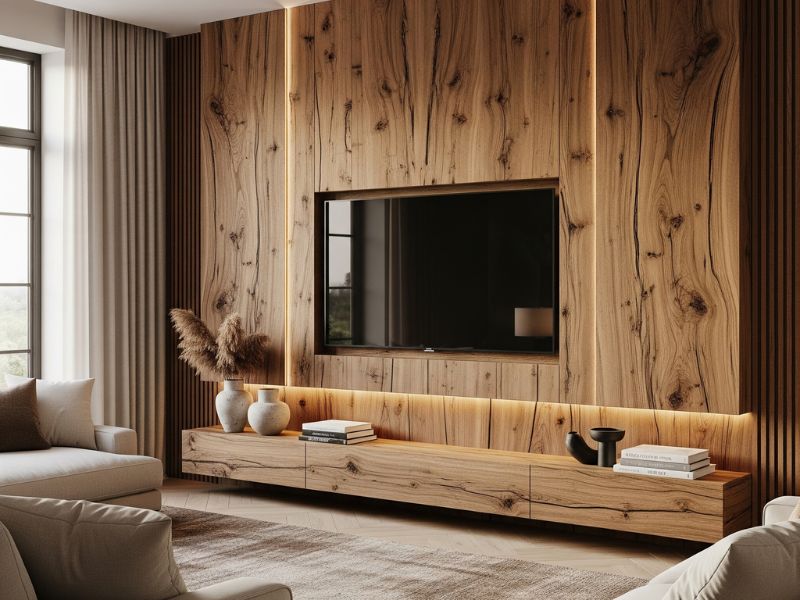 Vách tivi phòng khách gỗ tự nhiên