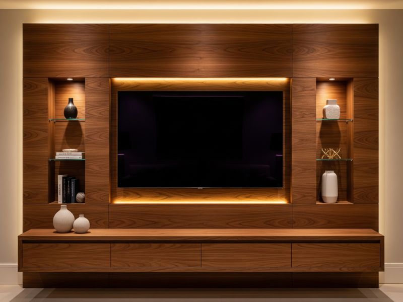 Vách tivi phòng khách gỗ tự nhiên