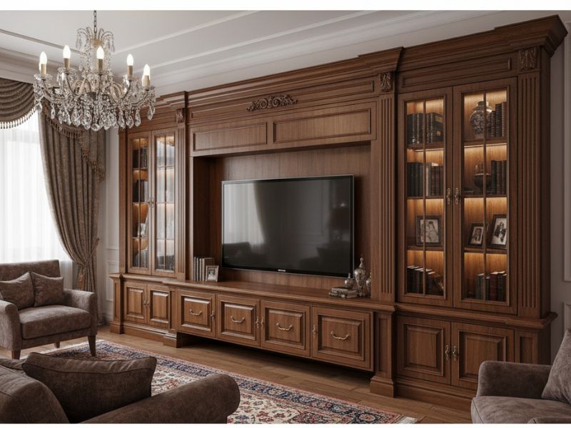 Vách tivi phòng khách gỗ tự nhiên