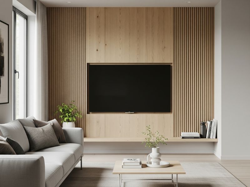 Vách tivi phòng khách gỗ tự nhiên