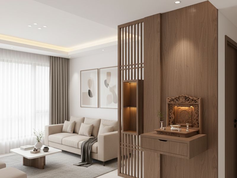 vách ngăn phòng khách kết hợp bàn thờ