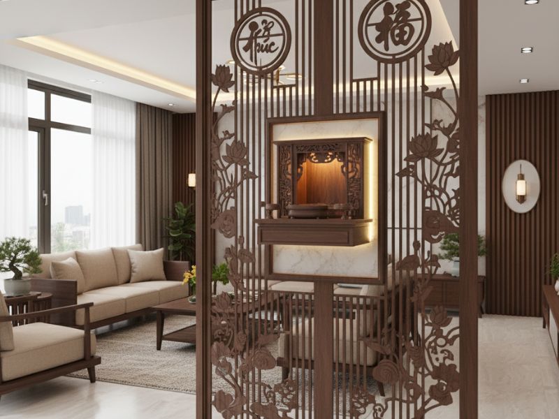 vách ngăn phòng khách kết hợp bàn thờ