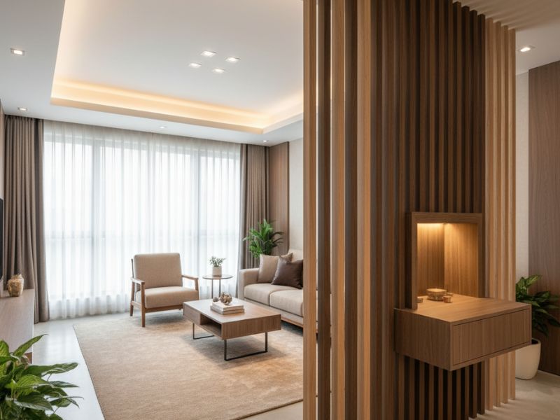 vách ngăn phòng khách kết hợp bàn thờ