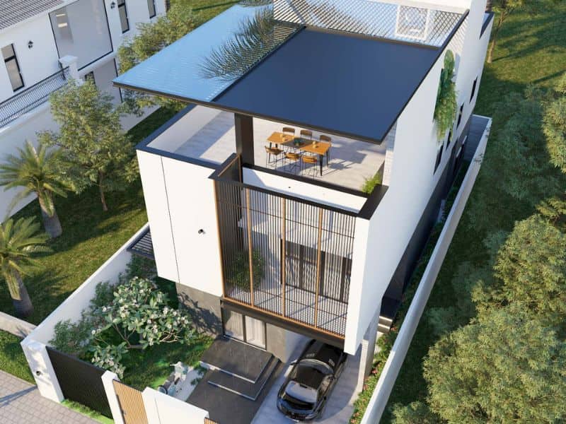 thiết kế nhà 1 trệt 2 lầu có sân thượng