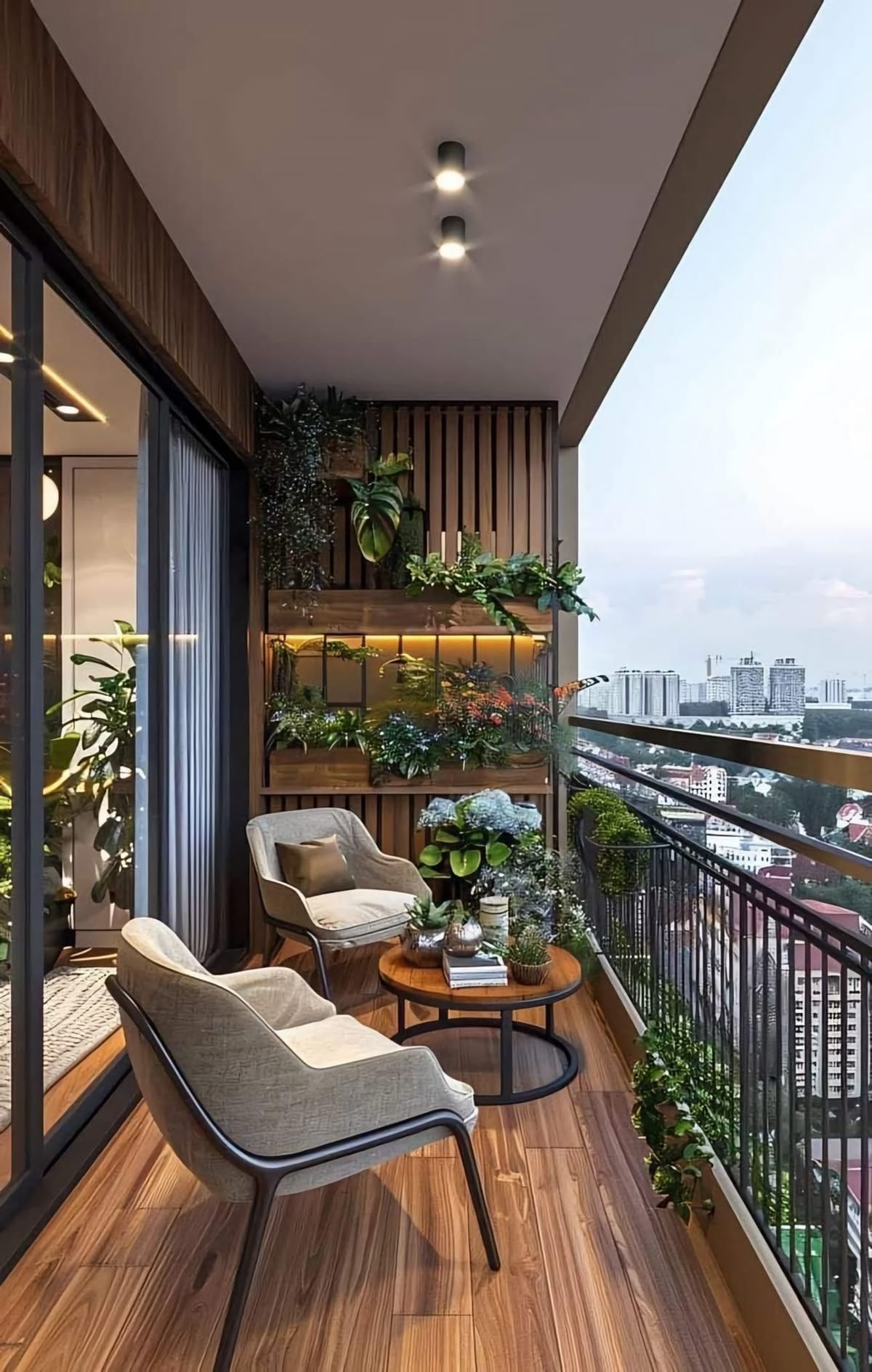 Ban công chung cư với góc đọc sách trên nền sàn gỗ