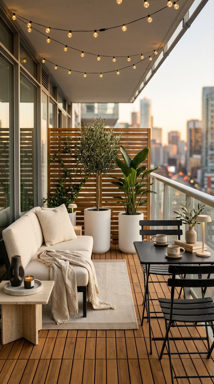 Ban công chung cư bố trí sofa và bàn ăn nhỏ ngoài trời