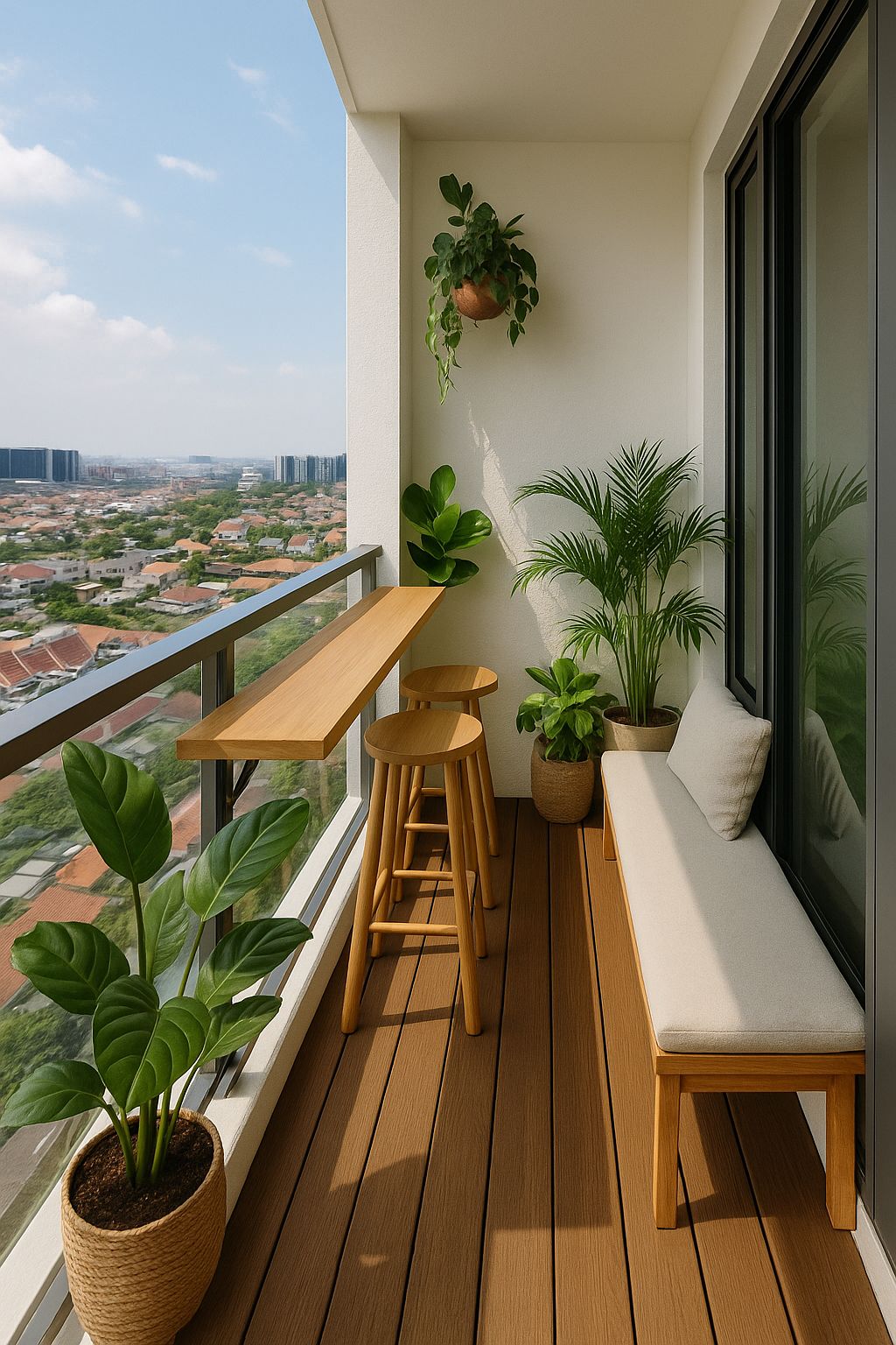 Ban công chung cư có quầy bar gỗ sát lan can