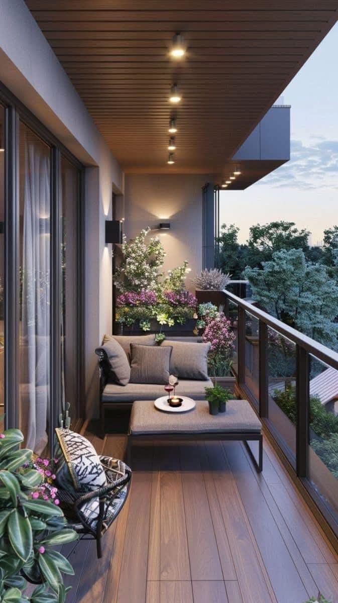 Mẫu ban công đẹp với trần giả gỗ