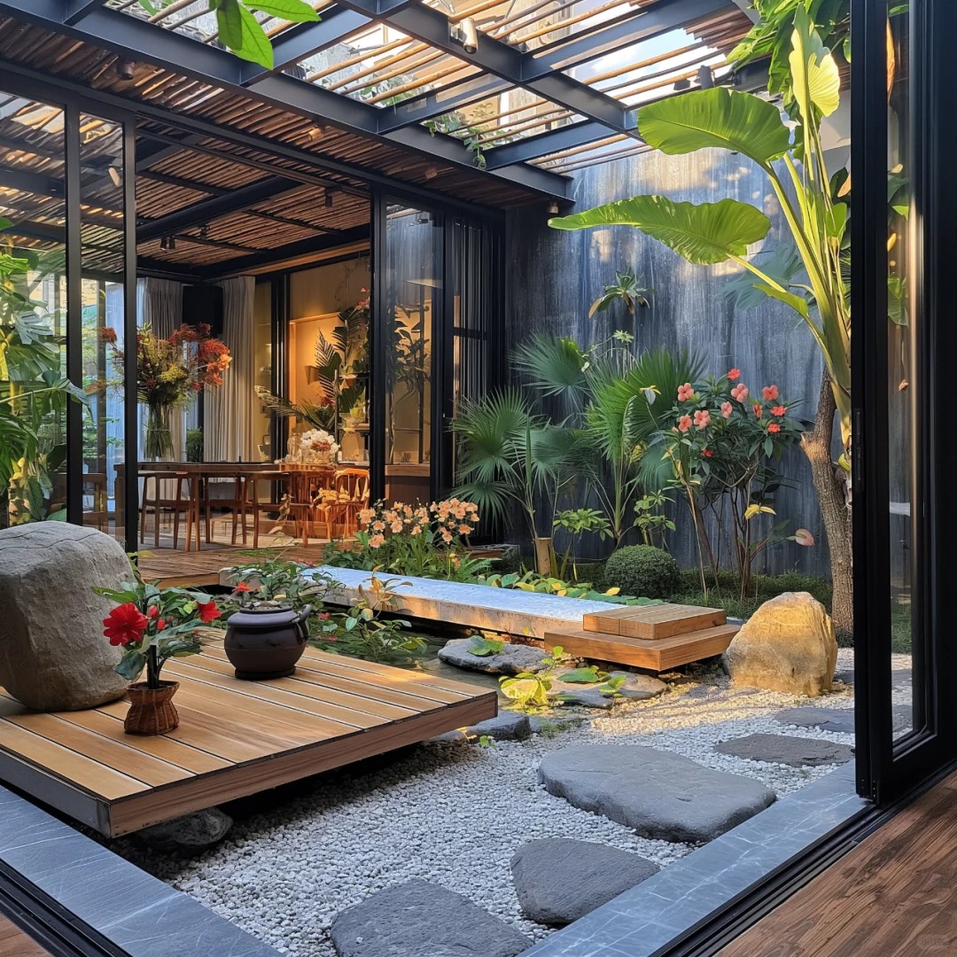 Sân vườn kết hợp sàn deck, pergola và hồ nước