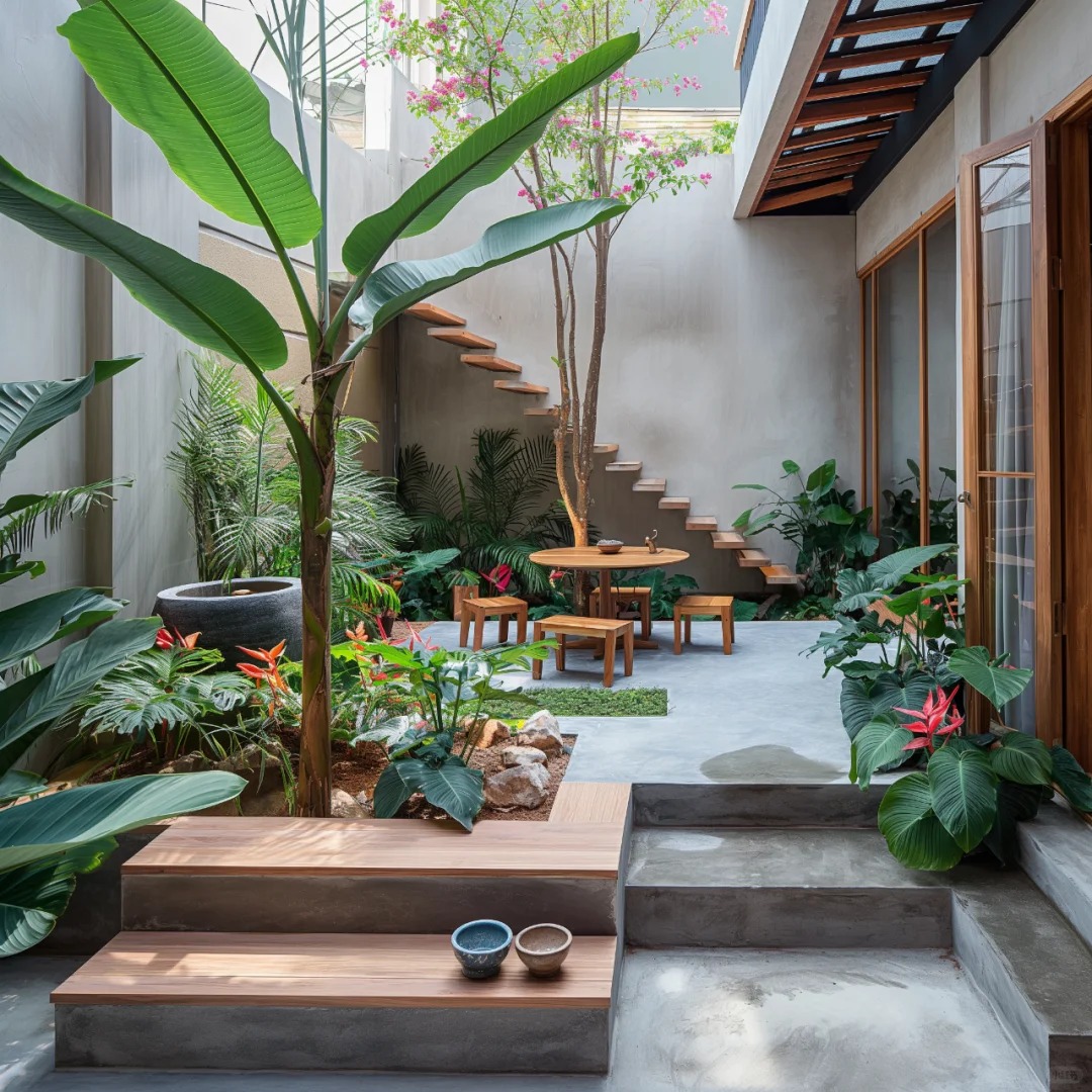 Sân vườn nhỏ phong cách tropical kết hợp deck gỗ
