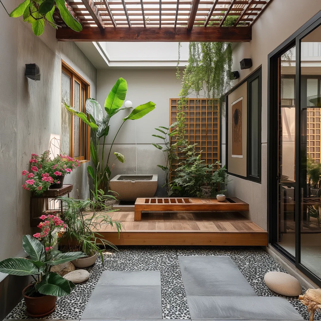 Sân vườn với pergola, sàn deck và tiểu cảnh xanh