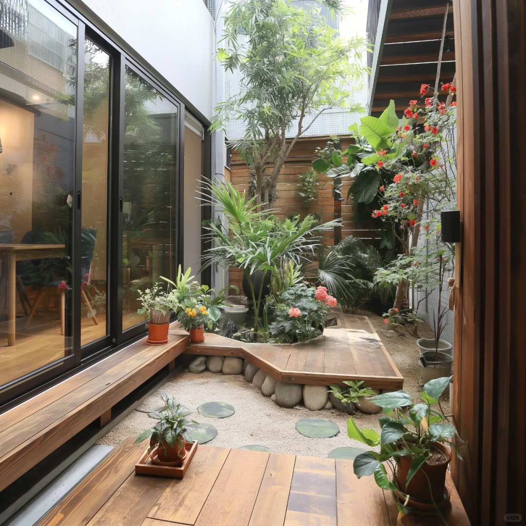 Sân trong với lối đi deck gỗ chạy quanh mảng cây xanh