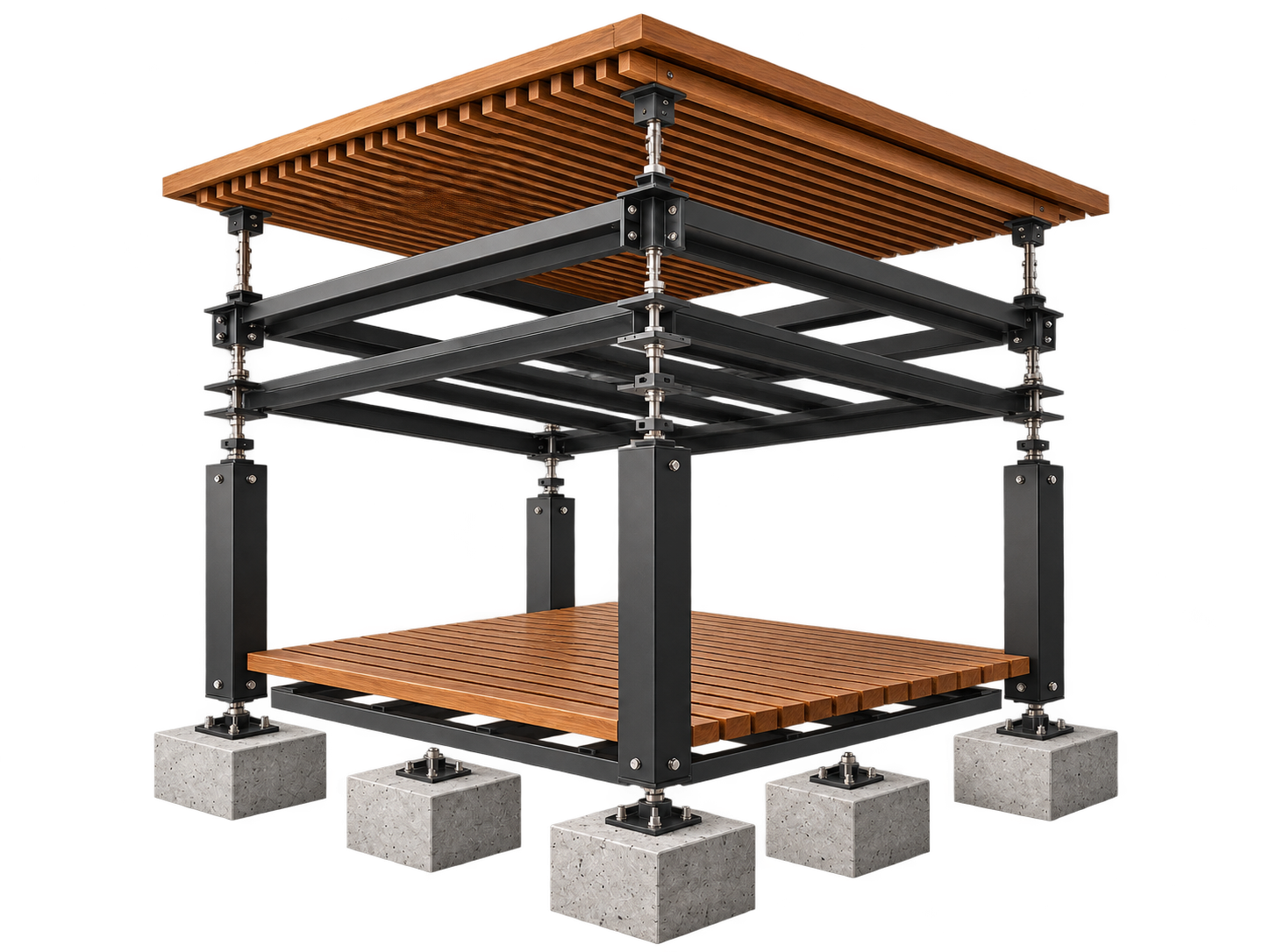 Minh họa cấu tạo tách lớp hệ pergola, khung chịu lực và vật liệu hoàn thiện ngoài trời
