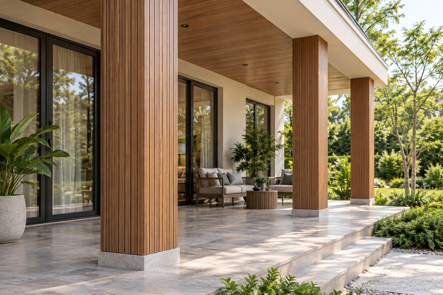 Phối cảnh AI hàng cột ốp thanh đứng màu gỗ dưới hiên villa với chân đế sáng màu