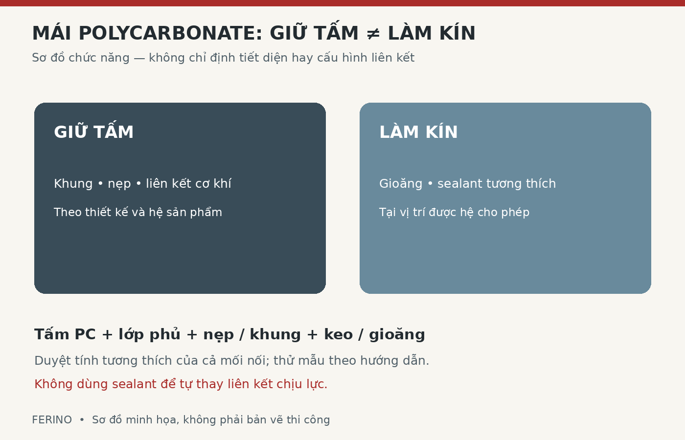 Sơ đồ phân biệt giữ tấm và làm kín cho mái Polycarbonate