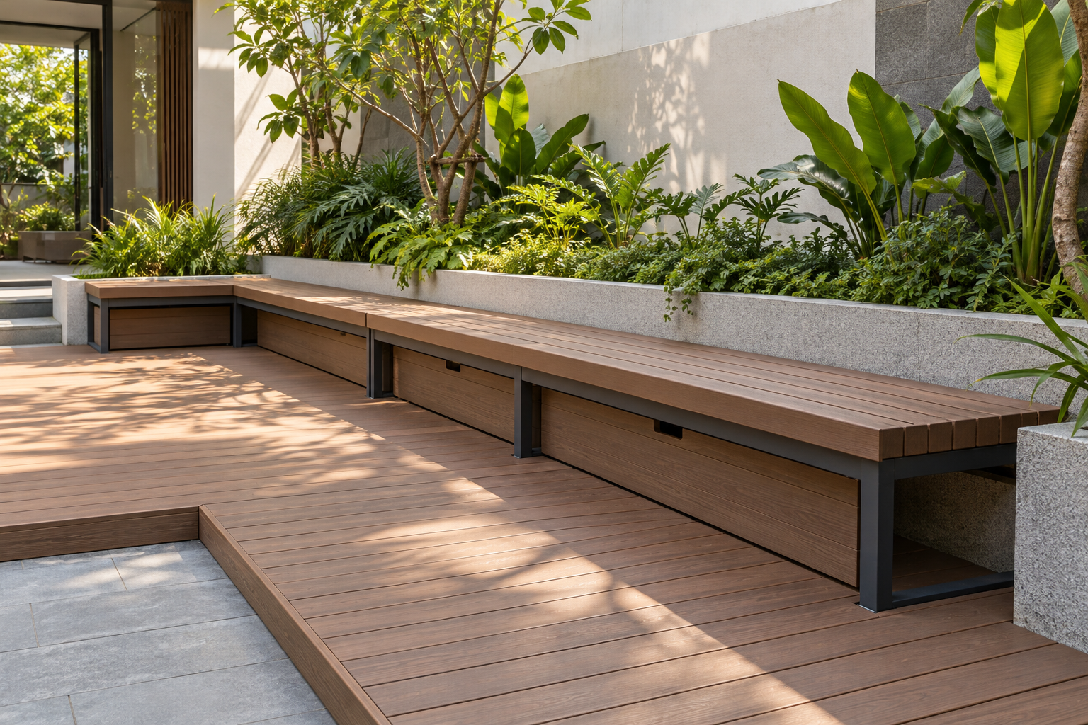 Phối cảnh minh họa ghế băng tích hợp bên mép sàn deck WPC