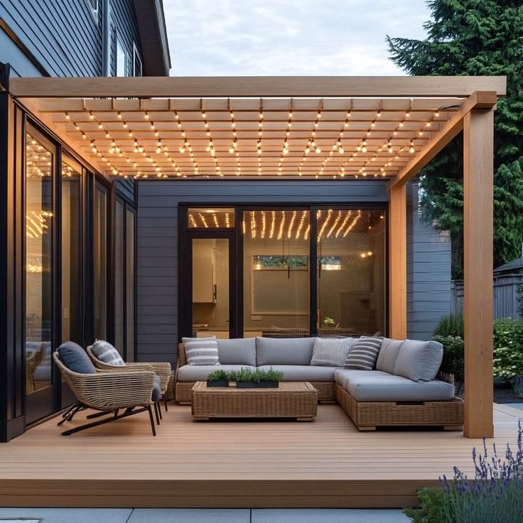 Mái pergola gỗ có đèn dây trang trí trên góc sofa ngoài trời