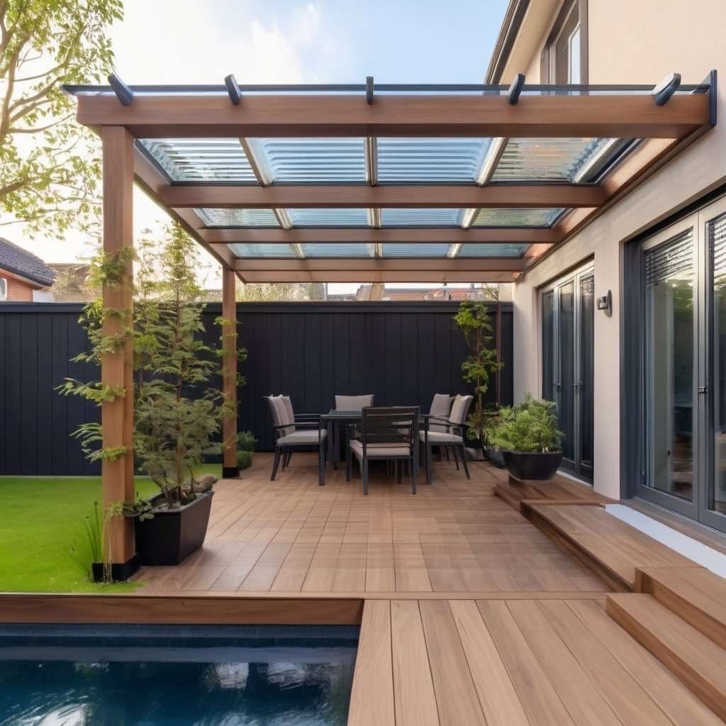 Mái pergola lấy sáng trên khu sân có bàn ăn cạnh hồ nước