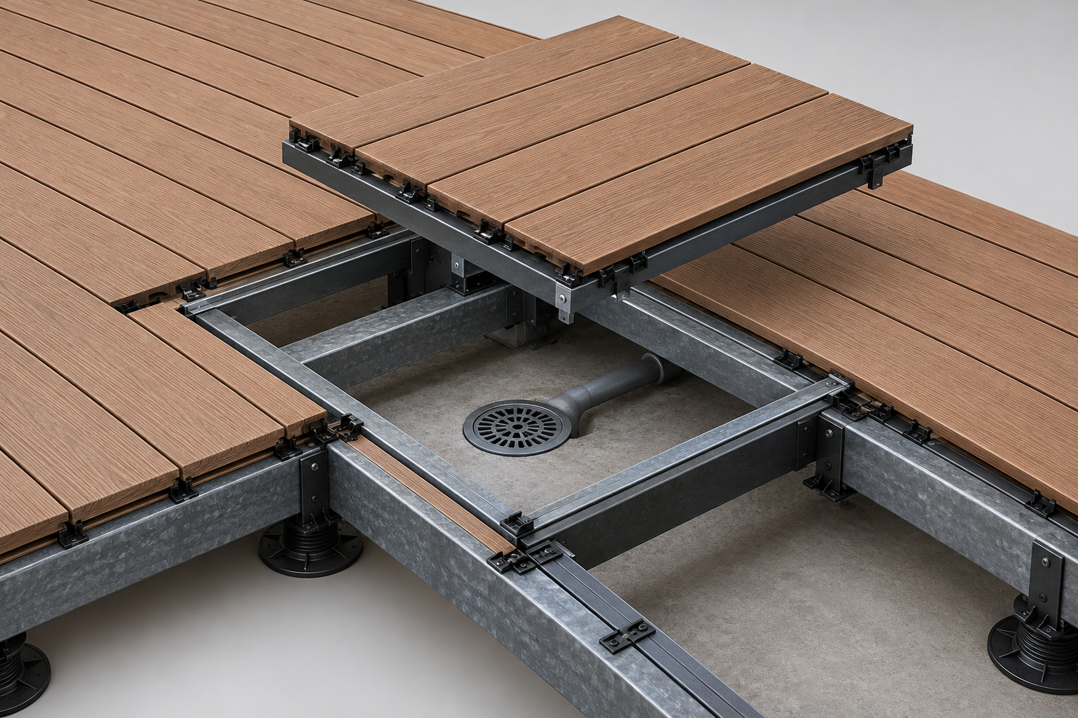 Sơ đồ minh họa nắp thăm sàn deck WPC đặt trên hệ khung riêng